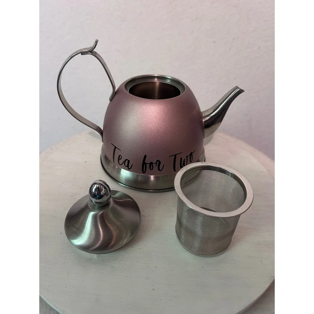 Tea for Two Pink Metallic Stainless Steel Teapot‎ with Mesh Infuser Basket